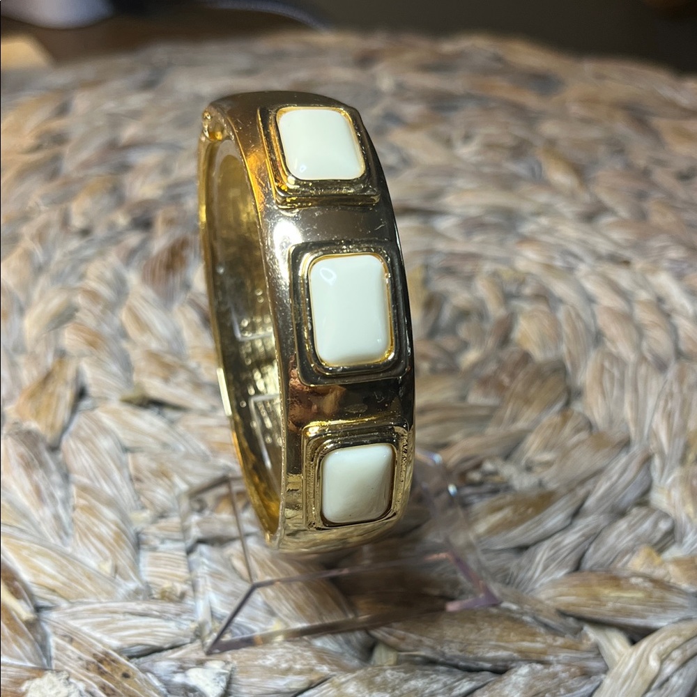 Gold Tone and Cream Hinged Bangle Bracelet‎